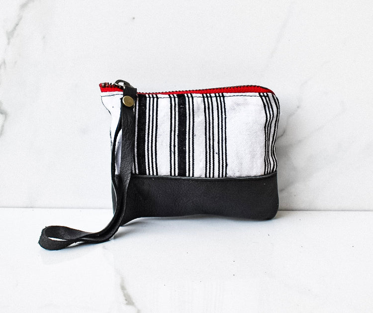 White Stripe Coin Pouch in Black Leather