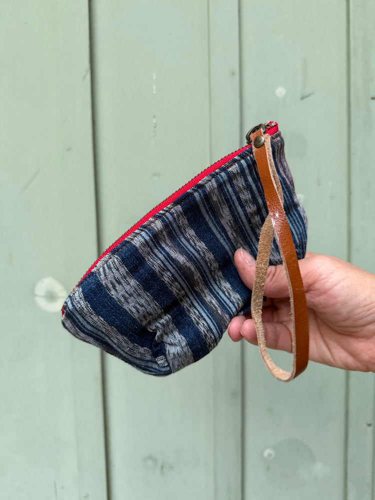 Harlow Moon in Blue Ikat with Brown Leather Wristlet