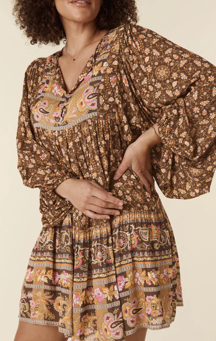 Madame Peacock Boho Mini Dress- Coffee