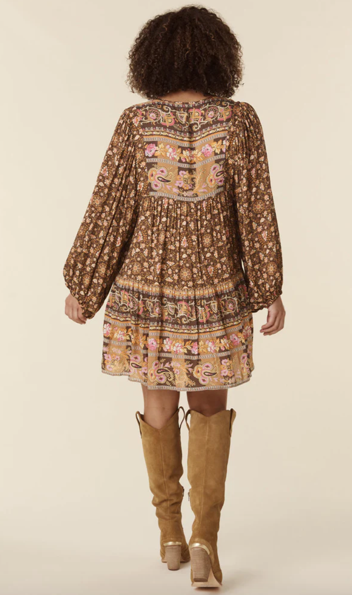 Madame Peacock Boho Mini Dress- Coffee
