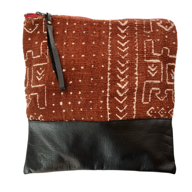 Brown Mudcloth Large Clutch in Black Leather