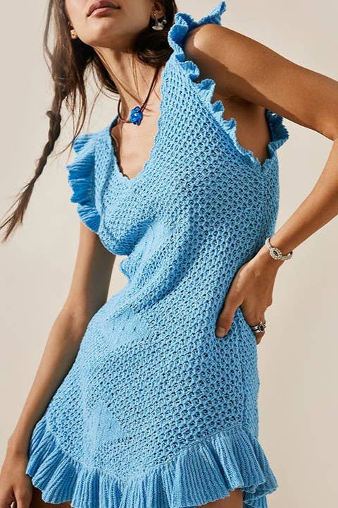 Low cut Ruffle Crochet Knit Beach Cover Up Dress