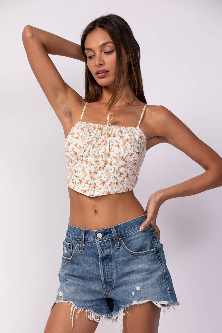 Orange Ditsy Floral Front Button Crop Top