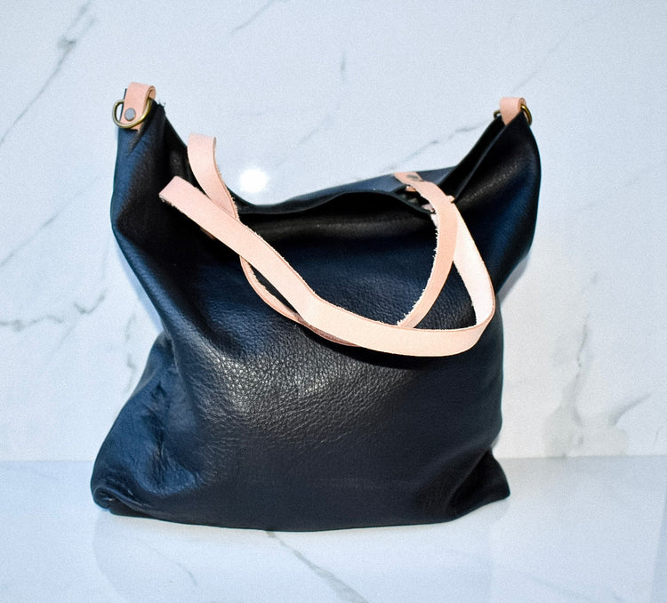 Black Leather Ellie Tote with Strap