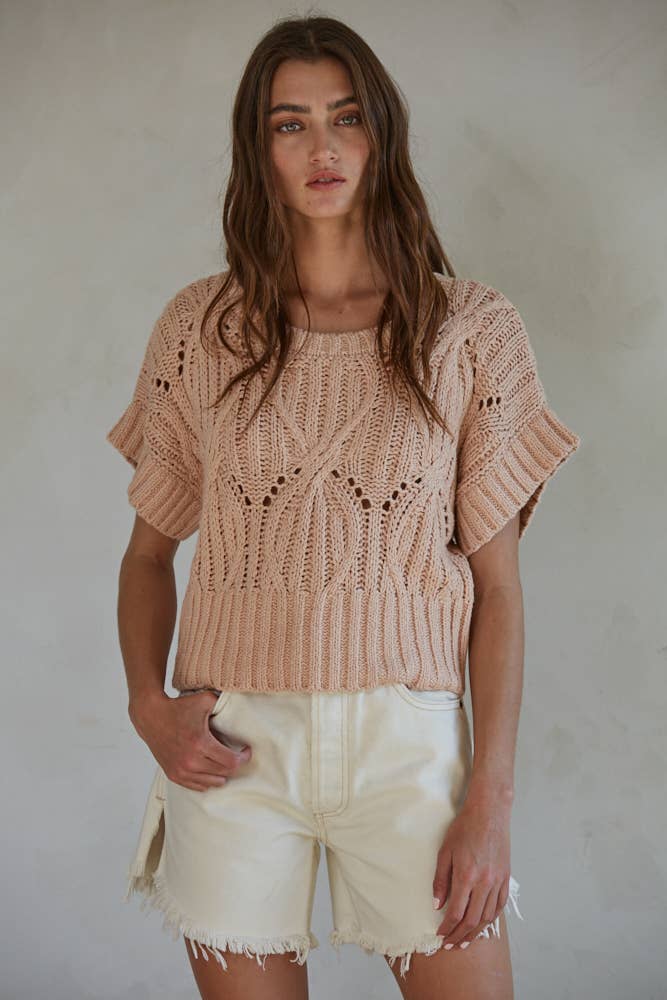 Knit Sweater Crochet Round Neck Short Sleeve Top