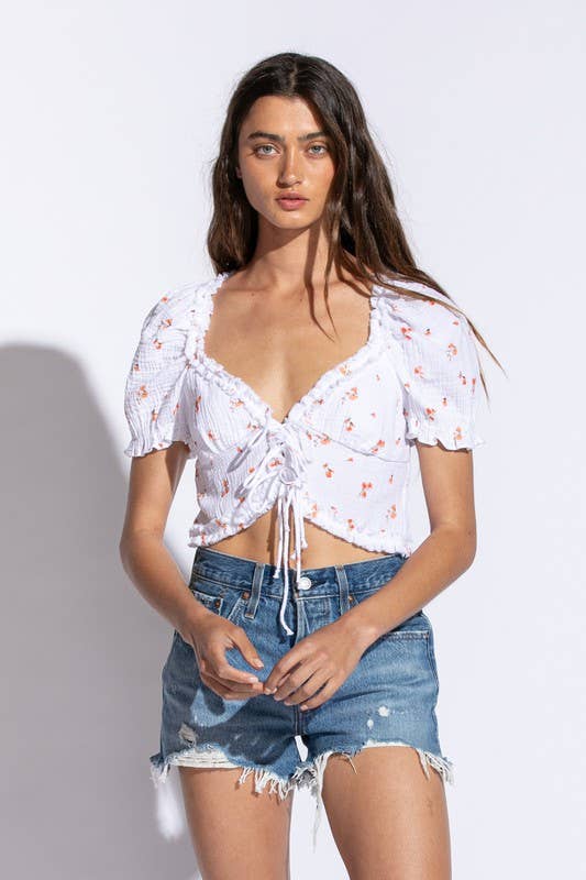 Floral Short SLeeve Ruffle Trim Crop