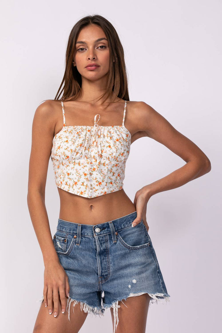 Orange Ditsy Floral Front Button Crop Top