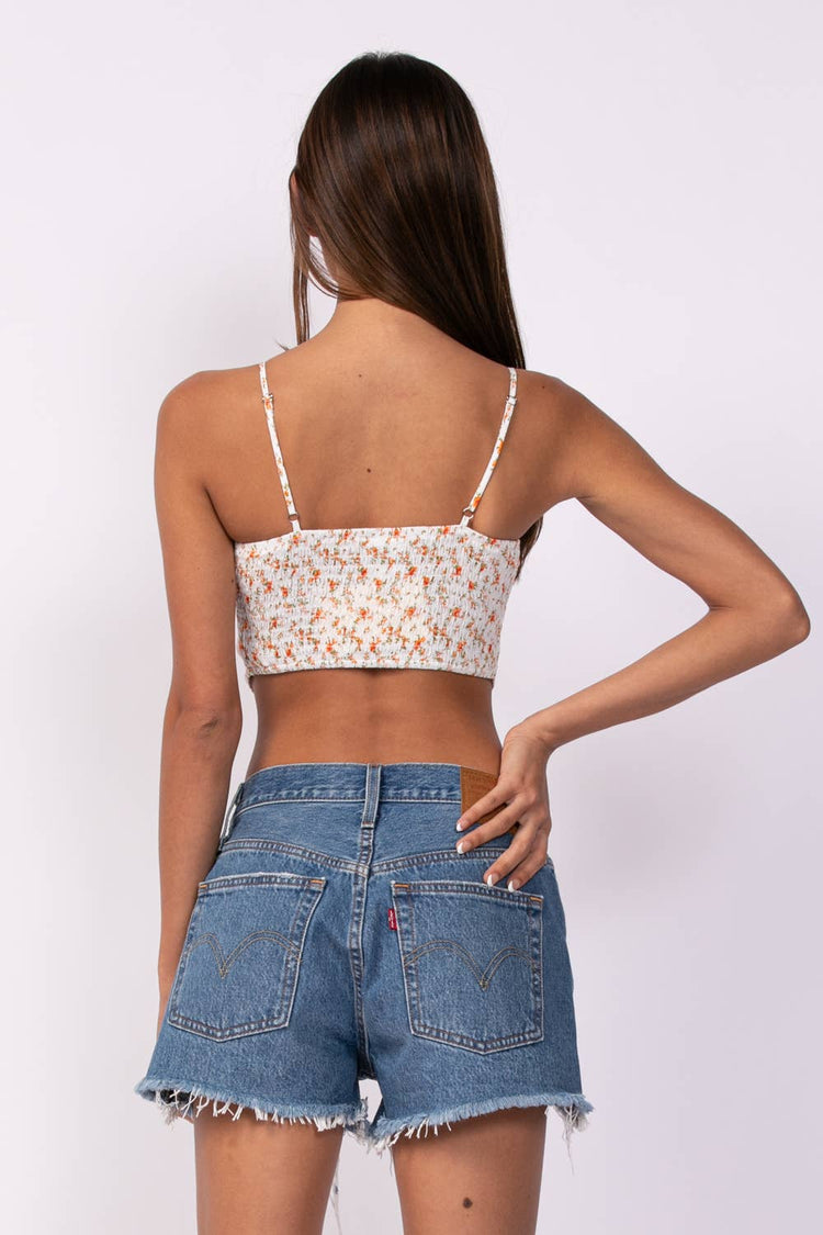 Orange Ditsy Floral Front Button Crop Top