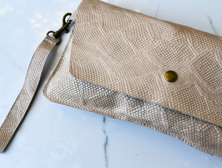 Addison Tan Snake Wristlet Clutch