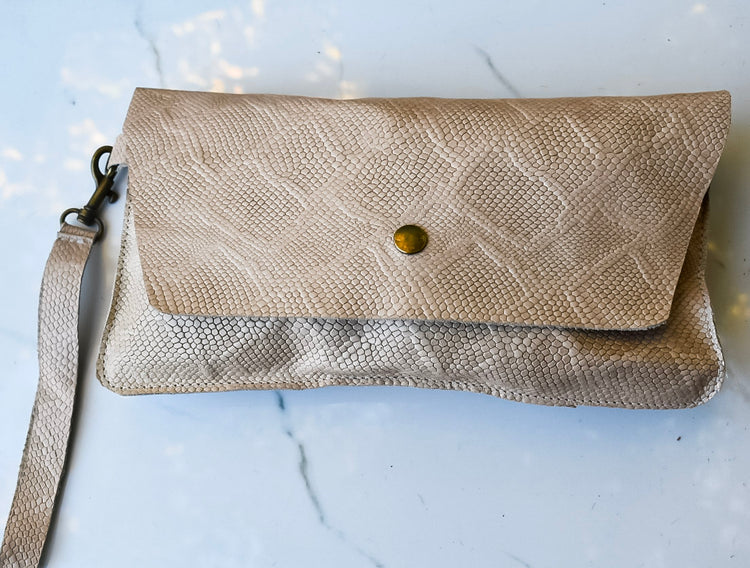 Addison Tan Snake Wristlet Clutch