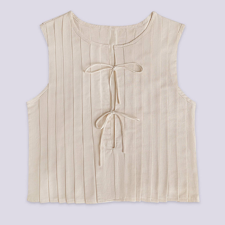 Pleated bow tie front sleeveless top