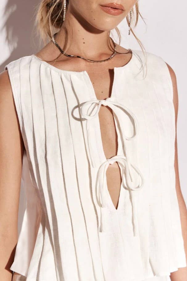 Pleated bow tie front sleeveless top