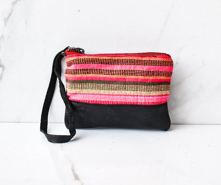 Thai Stripe Coin Pouch in Black Leather