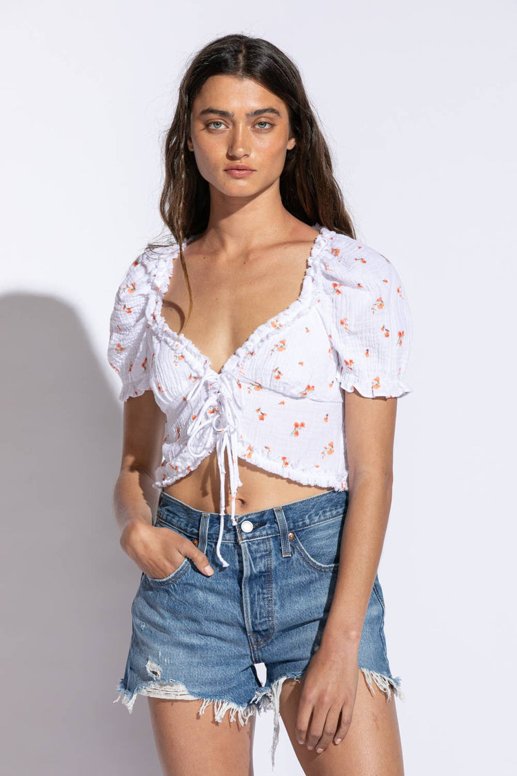 Floral Short SLeeve Ruffle Trim Crop