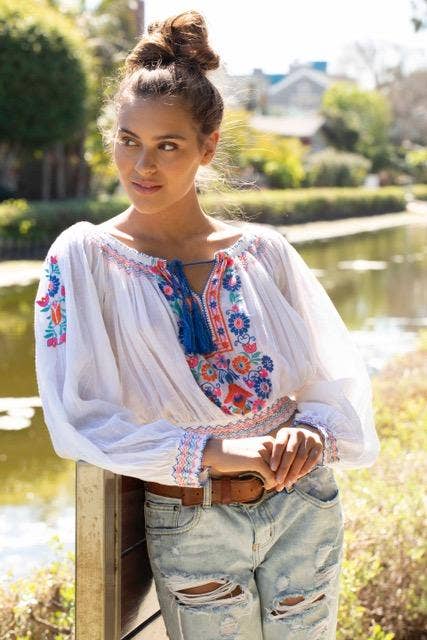 Elena Embroidered Crop Top Off Shoulder Natural/Multicolor