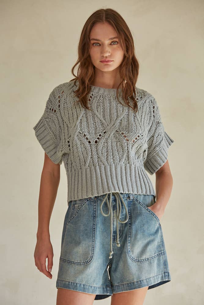 Knit Sweater Crochet Round Neck Short Sleeve Top