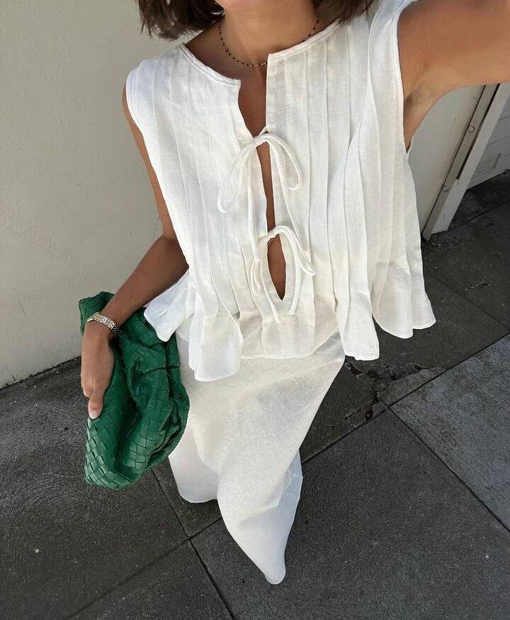 Pleated bow tie front sleeveless top