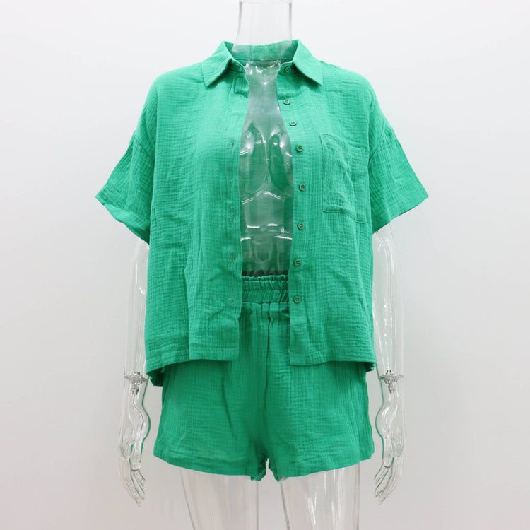 Casual Lapel Cotton Shirt & Short  2 Piece Set