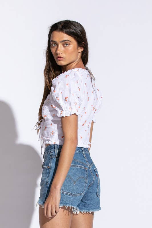 Floral Short SLeeve Ruffle Trim Crop