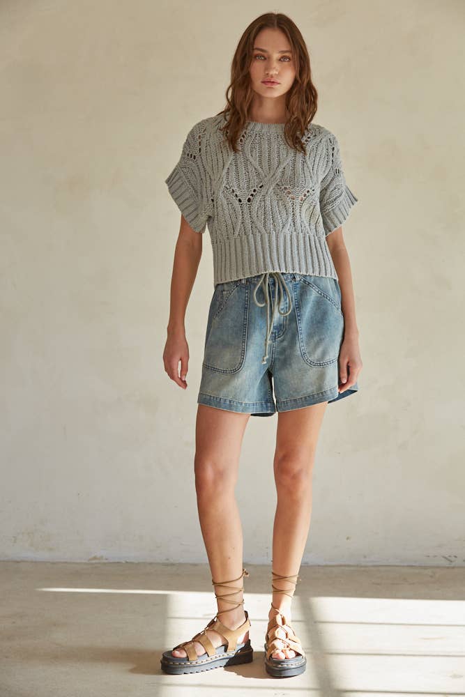 Knit Sweater Crochet Round Neck Short Sleeve Top