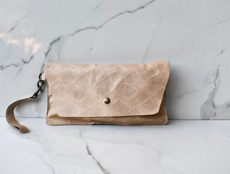 Addison Tan Snake Wristlet Clutch