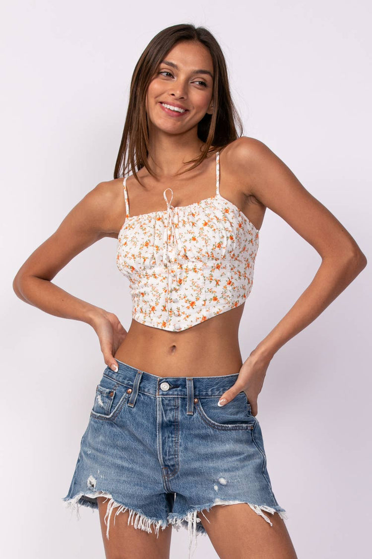 Orange Ditsy Floral Front Button Crop Top