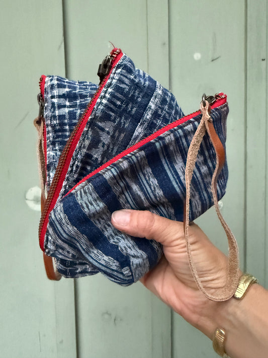 Harlow Moon in Blue Ikat with Brown Leather Wristlet