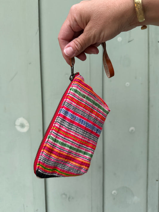 Harlow Moon in White Thai Stripe with Brown Leather Wristlet