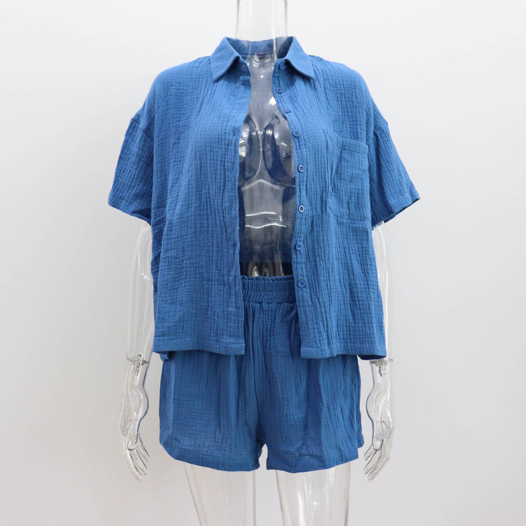 Casual Lapel Cotton Shirt & Short  2 Piece Set