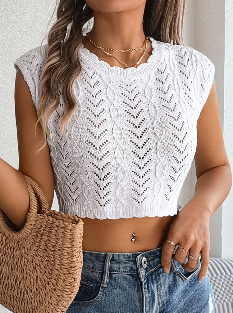 Casual Lace Crewneck Cut-Out Crop Knitted Vest Top