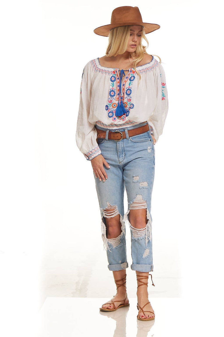 Elena Embroidered Crop Top Off Shoulder Natural/Multicolor