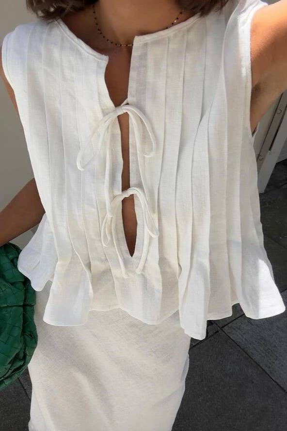 Pleated bow tie front sleeveless top