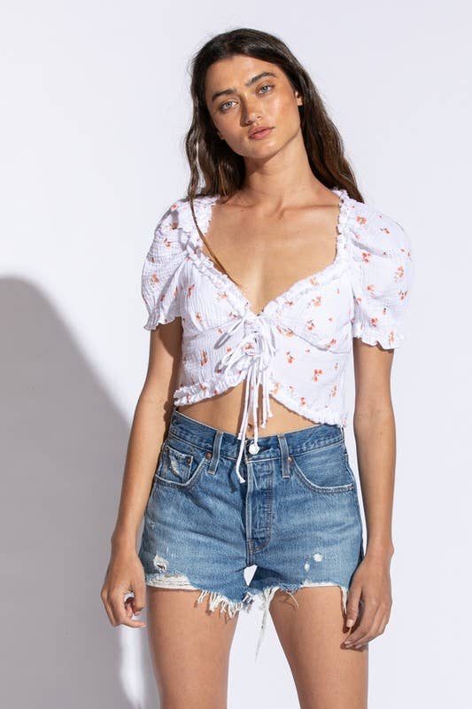 Floral Short SLeeve Ruffle Trim Crop