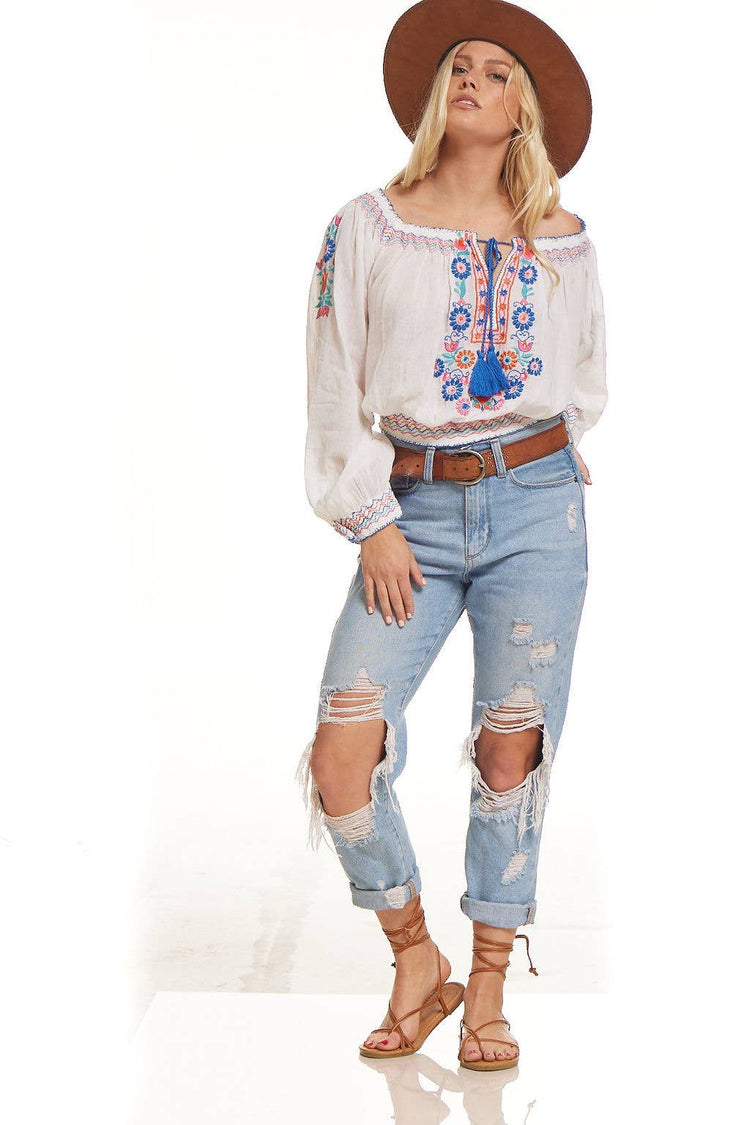 Elena Embroidered Crop Top Off Shoulder Natural/Multicolor