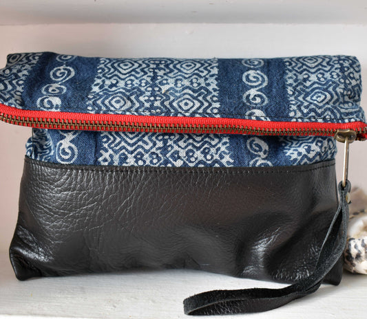 Blue Stainglass Clutch in Black Leather