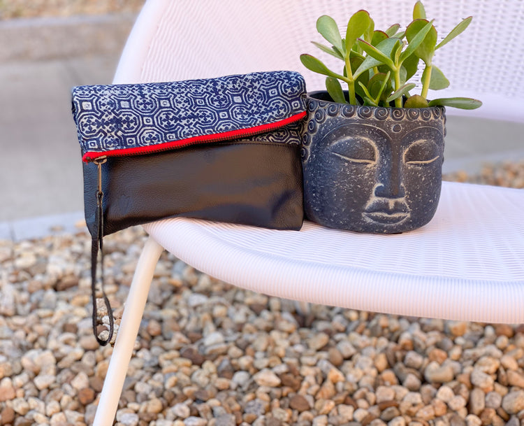 Blue Stainglass Clutch in Black Leather
