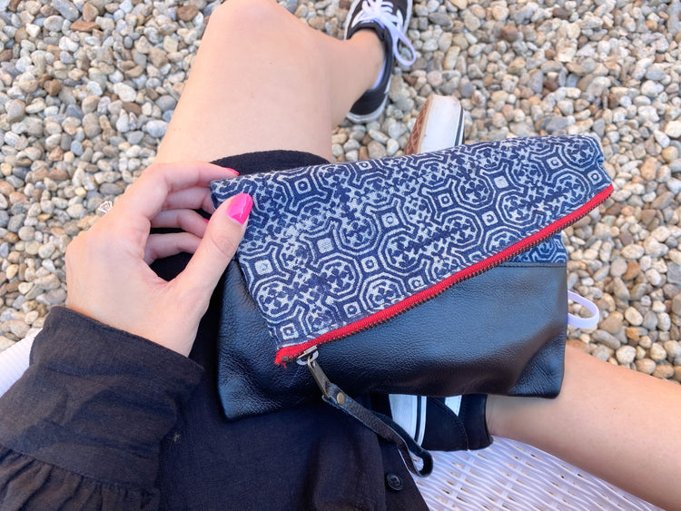 Blue Stainglass Clutch in Black Leather