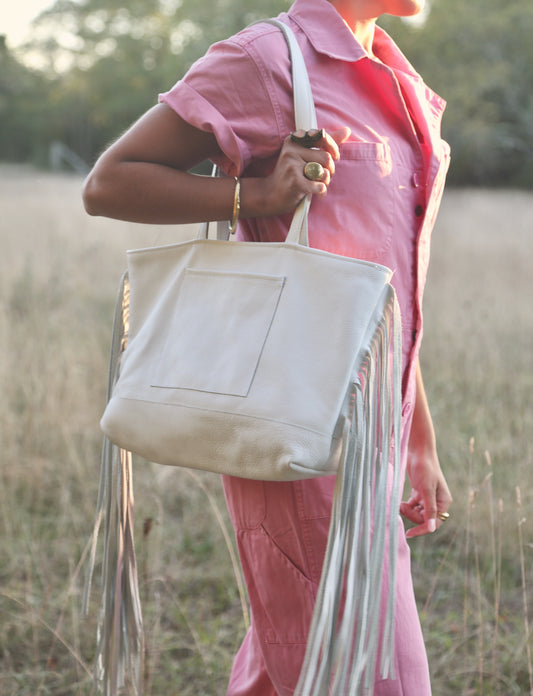 Joplin Fringe Tote in White Leather