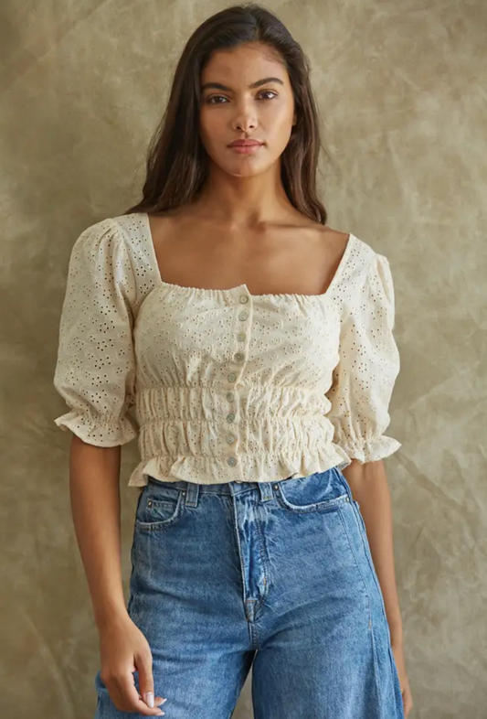 By Together-Puffy Sleeve Smock Waist Crop Top