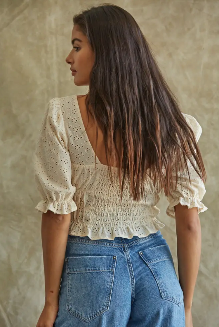 By Together-Puffy Sleeve Smock Waist Crop Top
