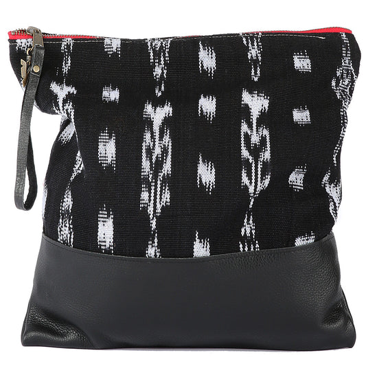 Ikat Large Clutch in Black Leather
